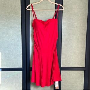 OGL SkinKiss Bright Red Mini Dress with Ruching and Flowy Skirt, NWT, Size L